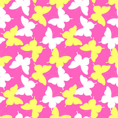 White and yellow butterflies on a pink background. Seamless pattern, print, vector illustration