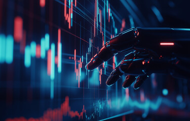 Artificial intelligence and robot hand touching on a stock market graph or chart with candlestick patterns for financial data analysis