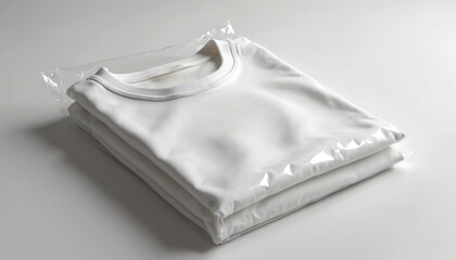 Close up of folded white T-shirt in plastic packaging on white background. Casual cotton clothes, fashion apparel. Clothing product for retail, sale. Cleanliness and neatness in store.