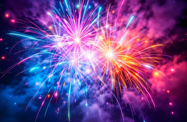 A dazzling explosion of multicolored fireworks bursting in the night sky, 
