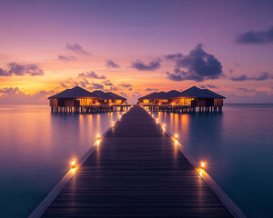Obraz premium Wooden pier leading to overwater bungalows during a sunset, showcasing tropical luxury, serene vacation destination, and peaceful waterfront getaway vibes.