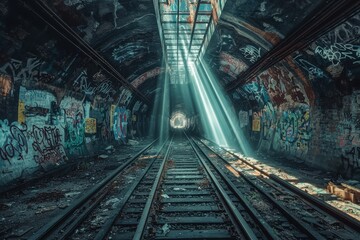 Obraz premium Sunlight pierces through an abandoned train tunnel, illuminating graffiti-covered walls and decaying railway tracks, creating a dramatic and mysterious scene.