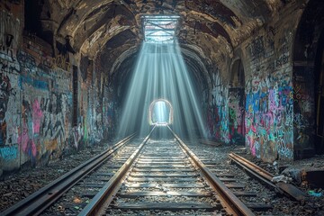Fototapeta premium A breathtaking view of sunbeams piercing through an abandoned train tunnel, illuminating the graffiti-covered walls and old decaying railway tracks.