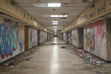 Fototapeta premium A long abandoned hallway with graffiti-covered walls and littered floor in a former building, showing urban decay and neglect in a depressing and unsettling scene.