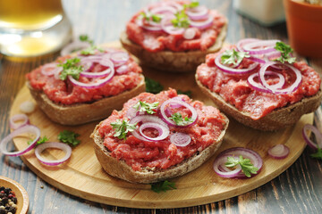 Traditional German sandwiches with minced meat Mettbroetchen	