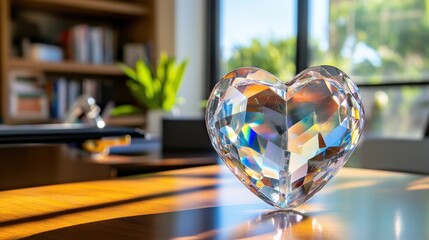 Heart-Shaped Crystal Figurine on Wooden Table with Natural Light