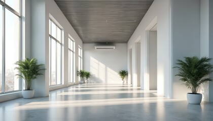 Minimalist interior of modern office or hotel lobby with air conditioner and lighting system. White, gray colors and potted plants. Empty hall. Contemporary design with large windows, concrete floor.