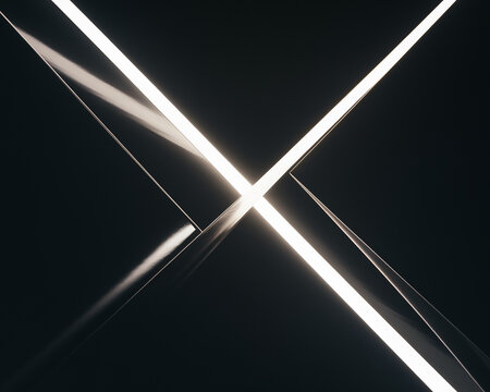 Abstract glowing light beams intersecting at an angle, creating a dynamic X shape on a dark background, symbolizing energy, contrast, and modern minimalist design. Gamer background