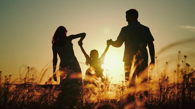 Daughter jumps happily walking across field and tells parents about day at kindergarten. Young daughter boasts of fond memories from kindergarten before walking as family strolls in field at sunset