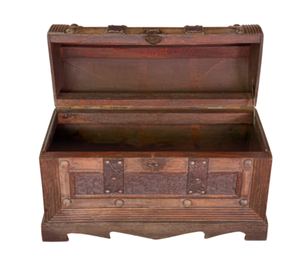 Old wooden treasure chest open showing inside on white background