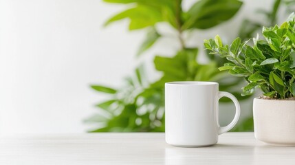 White mug on desk, plants background, office setting, mockup