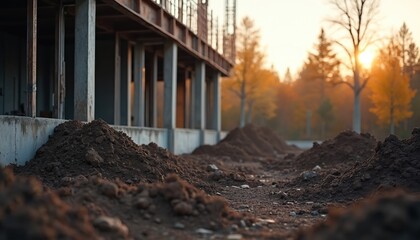 Early morning light on construction site. Metal framework rises near soil piles. Industry contrasts with nature. Modern urban development, architectural shift, balance of construction, nature. Soft