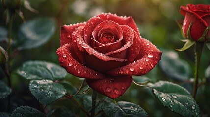 Red Rose, Beautiful red rose with water droplets in garden, Close up image of water drops on one red rose in garden background