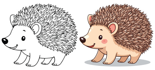Cute Hedgehogs Isolated Line Art Vector Outline Illustration Black and White with Coloring Sample