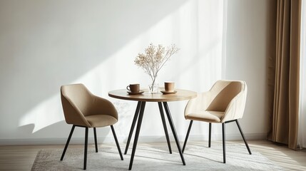 Modern Dining Setup With Minimalist Decor Featuring a Round Table, Elegant Chairs, and Fresh Flowers in Softly Lit Room