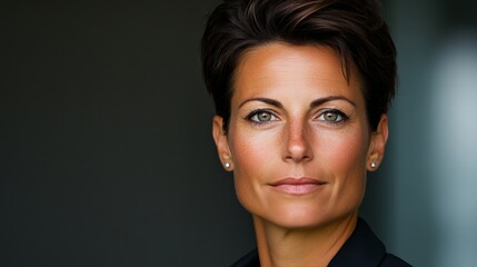 Fototapeta premium Portrait of a confident woman with short, dark hair. Her warm skin tone and serious expression create a striking image.