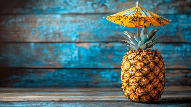 A refreshing tropical smoothie served in a pineapple shell with a paper umbrella