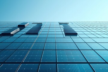 A modern glass building facade featuring integrated solar panels against a bright clear sky, illustrating sustainable architecture and renewable energy technology advancements.