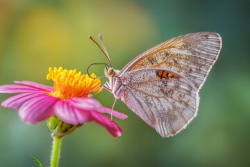 Obraz premium A delicate butterfly with intricate wing patterns rests on a vibrant pink flower, sipping nectar with its proboscis, bathed in soft, natural light, creating a serene scene.