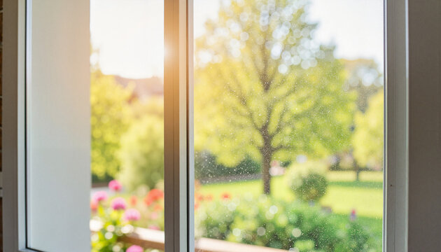 Fototapeta Bright garden view through window in spring morning, pollen awareness