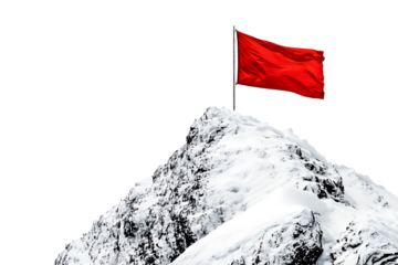 Red flag on top of a snow - covered mountain peak isolated on transparent background.PNG