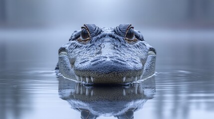 Obraz premium Majestic alligator's head emerges from calm water, showcasing detailed texture and intense gaze. A stunning wildlife image.