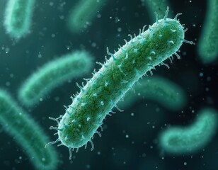 Fototapeta premium E. Coli bacterial strains under microscope. Health, food safety, human biology science research. Microorganism Escherichia Coli causes diarrhea, infection, antibiotic resistance, gastroenteritis,