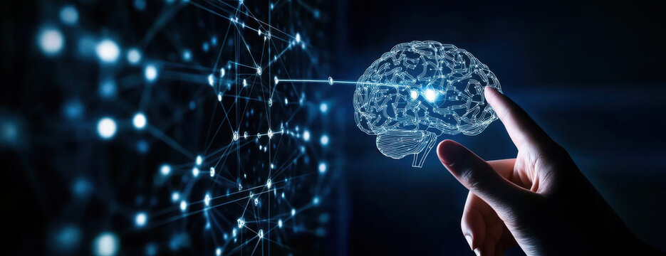 Hand of man poing on AI interface digital screen 
