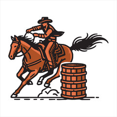 Fototapeta premium vector illustration of a Cowgirl and a cowboy riding a horse in the barrel competition 
