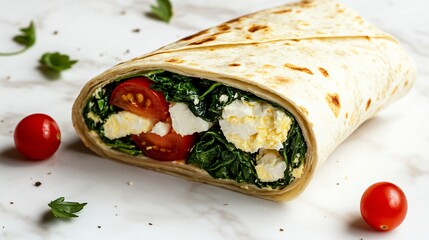 A gourmet-style egg white and spinach breakfast wrap, cut in half, revealing a vibrant filling of sauteed spinach, creamy feta, and cherry tomatoes, plated on a white marble surface with soft natural 