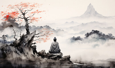 In a mountainous landscape on a raised edge we see a seated Buddha looking down on the landscape. Abstract painting of blurred ink.