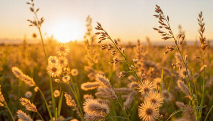 Fototapeta premium Golden sunlight illuminating dispersing achene seeds in open plain, nature's cycle