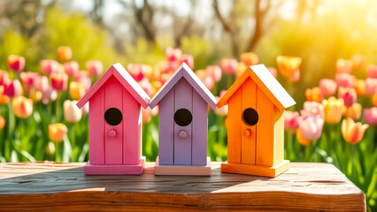 Multicolored wooden birdhouses on a tulip background. A symbol of spring, love, equality, prosperity and inclusion. Place for text