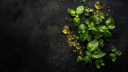 Delicious Olive Oil With Fresh Basil Leaves, Perfect for Dipping or Drizzling on Various Dishes, Presented in a Sleek Black Bowl on a Dark Background