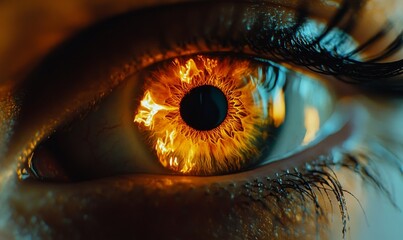 Close-up of a human eye with a fiery, burning iris symbolizing intensity, passion, or a powerful vision