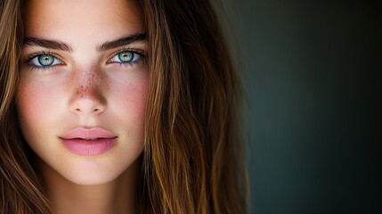 Obraz premium Close-up portrait of a young woman with freckles and striking green eyes. Soft lighting enhances her natural beauty.