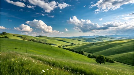Fototapeta premium Rolling green hills under a bright blue sky peace