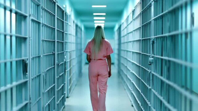 A female inmate in a pink jumpsuit walks down a long corridor with prison cells on either side, illuminated by bright lights overhead
