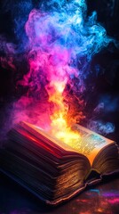 Magical Open Book with Enchanted Light and Colorful Smoke at Night Creating Mystical Atmosphere