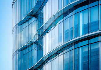 Nowoczesna szklana fasada wieżowca o futurystycznym designie.