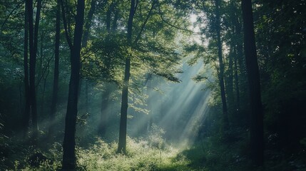 Obraz premium Sunbeams illuminating a lush, green forest path.