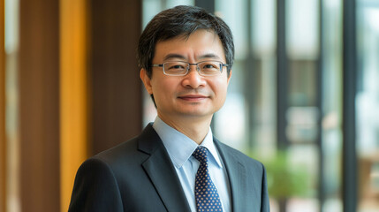 A professionally dressed man with glasses smiles confidently, set against a blurred modern interior background. He exudes professionalism and approachability.