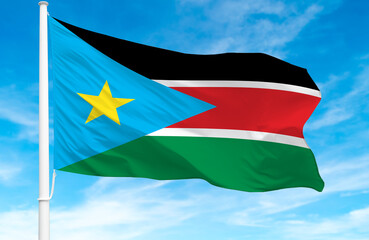 Flagpole with the flag of South Sudan 3D Rendering