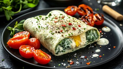 A trendy black matte plate with an egg white and spinach wrap drizzled with a light herb yogurt sauce, accompanied by grilled cherry tomatoes and a sprinkle of red pepper flakes