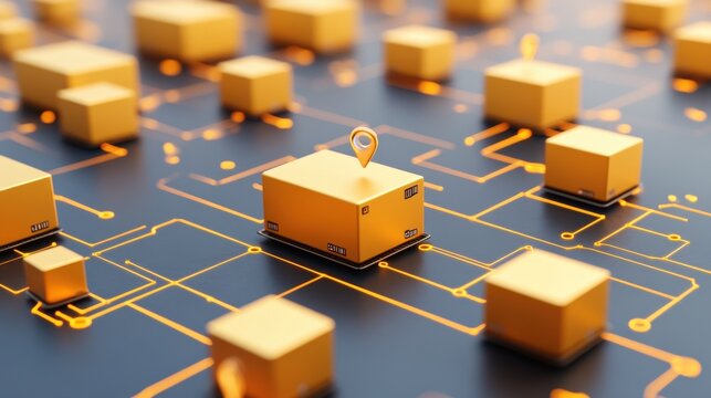 Aerial view of yellow delivery boxes on a digital network, symbolizing logistics and tracking