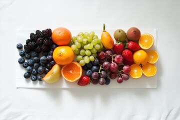 Colorful fruit display on a white tablecloth birdseye view symmetrical arrangement perfectly lit vibrant composition