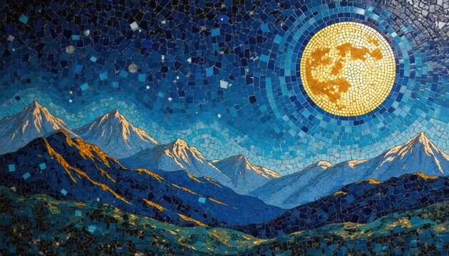 Mosaic artwork night sky with mountains, full moon. Abstract design uses blue, gold, yellow tiles. Textured pattern surface features small pieces, fragments, broken glasses creating reflective,