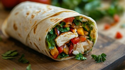 A wrap in the process of being folded, with its ingredients slightly spilling over, emphasizing the fresh textures and colors of the filling