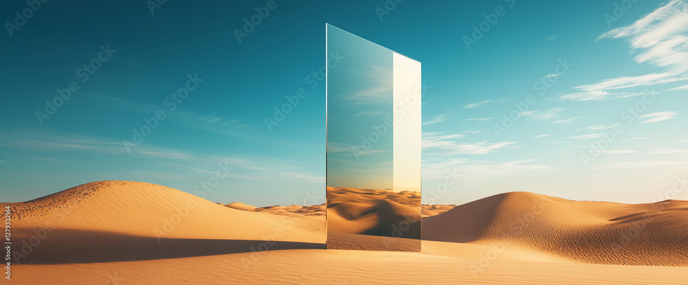 Poster a large mirror standing in the middle of a desert, reflecting the sky and sand dunes, symbolizing a 