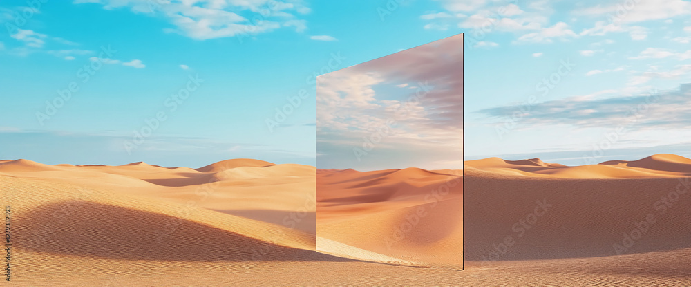 Poster a large mirror standing in the middle of a desert, reflecting the blue sky and golden dunes, creatin